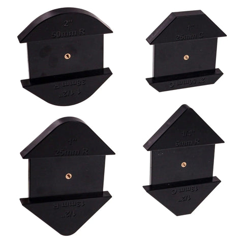Corner Radius And Chamfer Router Jig With 8 Slick Profiles, showing four black templates for 1/4 to 2 inch cuts