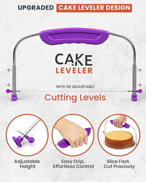 Cake leveler with purple handle, demonstrating adjustable height and easy grip for precise cake slicing.