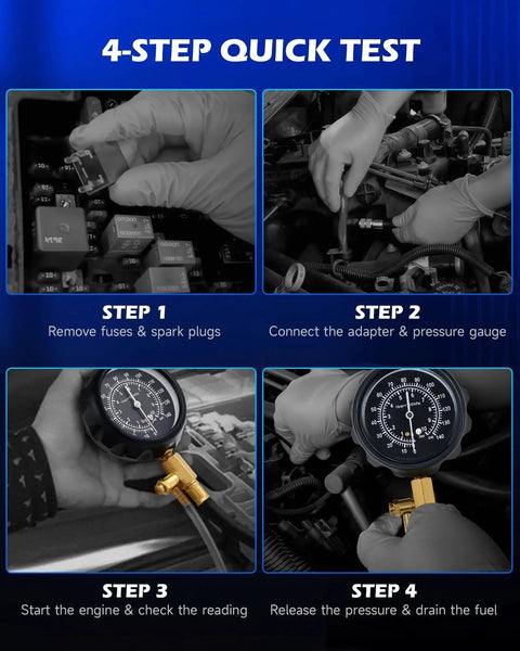 Fuel Pressure Test Kit 0 To 140 PSI With Hoses And Adapters For Cars Trucks in use during a 4-step test process.