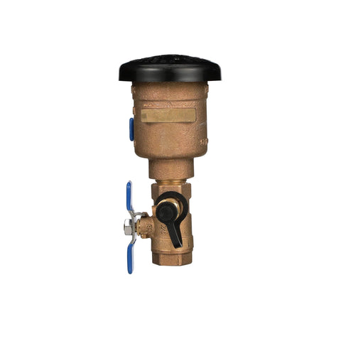 Zurn Wilkins 1-inch pressure vacuum breaker assembly, brass body with black cap and blue shutoff lever.