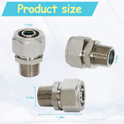 Front view of M8001 straight fitting for Maxline 1/2 in tubing with 3/8 in male NPT, nickel-plated brass.