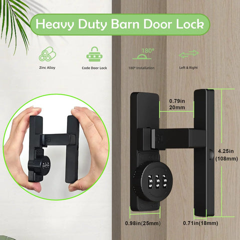 Heavy Duty Barn Door Lock With 3 Digit Password, black zinc alloy latch for sheds, sliding doors, bifold, French doors, and cabinets