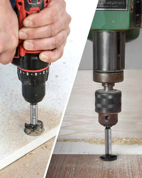 Beast Mode 10 Piece Forstner Bit Set For Woodworking With Triple Flute Carbide Tipped Bits And Round Shank in use on wood