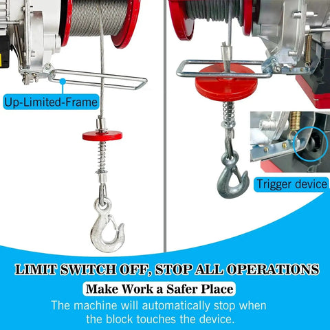 Close-up of 1760 Lb 110V Electric Hoist With Remote 2 In 1 Wired And Wireless Lift Winch limit switch and trigger device