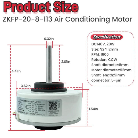 Brushless DC Fan Motor For Air Conditioner 140V 20W 1600 RPM CCW Indoor Unit Drop In Replacement Fits ZKFP-20-8-113