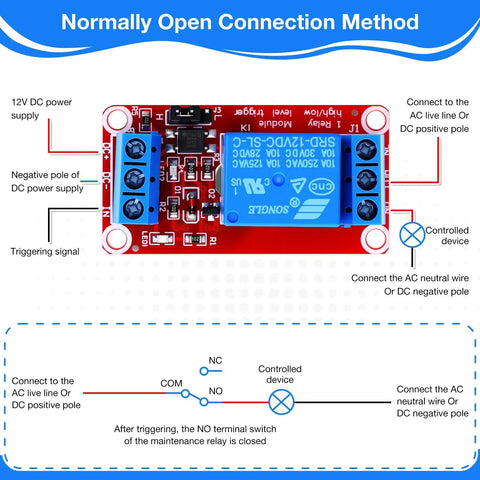 Diagram of 12V DC Relay Module With Optocoupler Isolation showing normally open connection method, Arduino PLC automotive ready