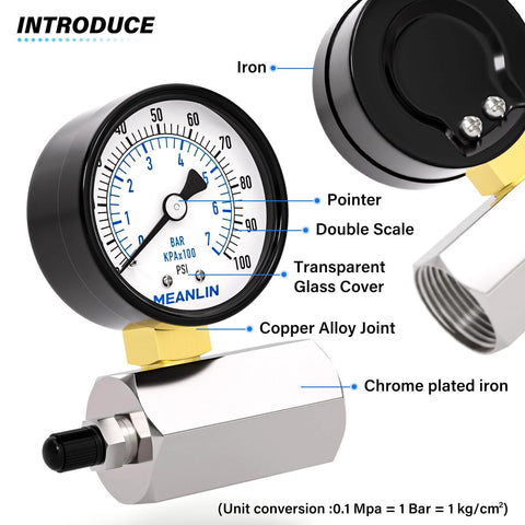 Meanlin 2-inch steel air test gauge, dual scale 0–100 psi, 3/4 in FNPT connection, chrome-plated body.