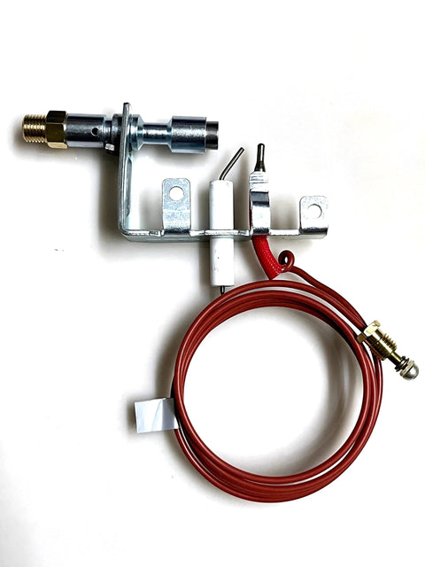 Natural gas ODS pilot assembly for Mr Heater vent-free heaters; metal bracket, white ceramic insulator, red gas line