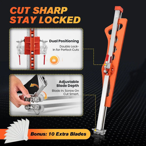 Foldable Drywall Cutter Tool For Home Renovation With Laser Etched Dual Scale Cuts One Quarter Inch, Three Eighths Inch, And One Half Inch Gypsum Board Portable Drywall Cutting Tool With Dual Positioning Red And Ten Replacement Blades