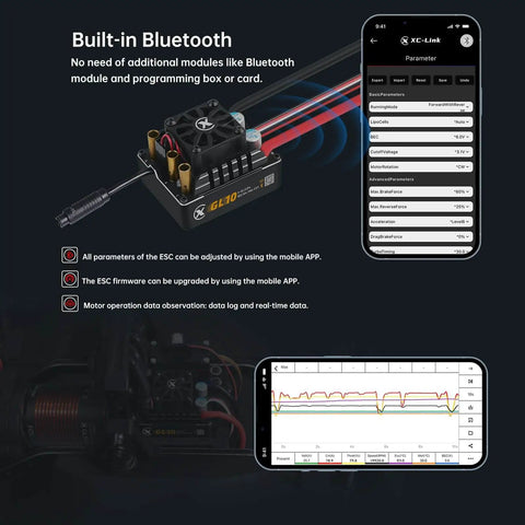 Smart App Controlled 1 To 10 Crawler ESC And Sensored Brushless Motor Combo in use, shown with app interface details for off-road RC trucks.