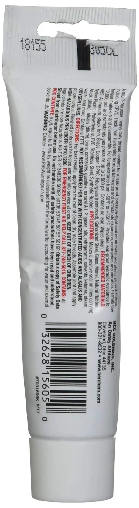 Back view of Pro Grade PTFE Paste Thread Sealant For Metal And Plastic Pipe Fittings Including CPVC Provides Leak Proof Hydraulic Seal Up To 12,000 Psi Handles Temperatures From -200 Fahrenheit To 550 Fahrenheit Gas Pressure Up To 2,600 Psi Non Toxic And Lead Free tube showing details and barcode.