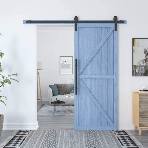 Heavy Duty 22 Inch Extra Long Pull Barn Door Handle Set In Frosted Black Finish installed on blue sliding barn door