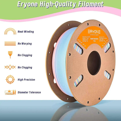 Matte Rainbow PLA Filament 1.75mm +/-0.03, Multicolor Macaron Spool 1KG, with tangle-free and neat winding features highlighted.