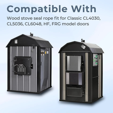 Outdoor wood furnace door seal kit; two black metal stoves shown, compatible with Central Boiler model doors.