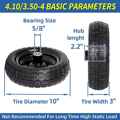 Diagram showing 10 Inch Flat Free Solid Tire And Wheel Replacement For Carts And Hand Trucks 4.10 To 3.50 To 4 dimensions and specs