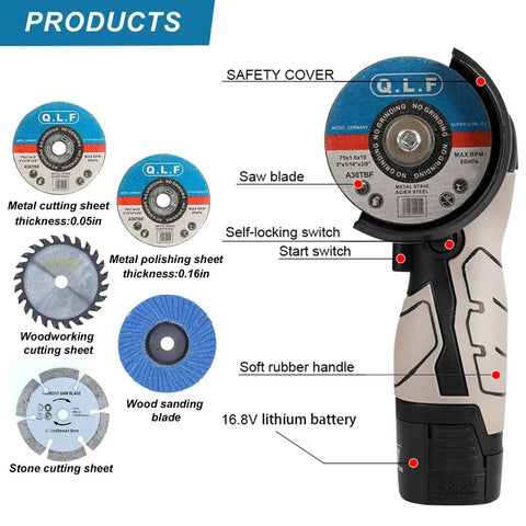Cordless Angle Grinder Kit 19500 RPM with two 16.8V 2000mAh batteries, 5 cutting discs, handheld tool for metal and wood projects