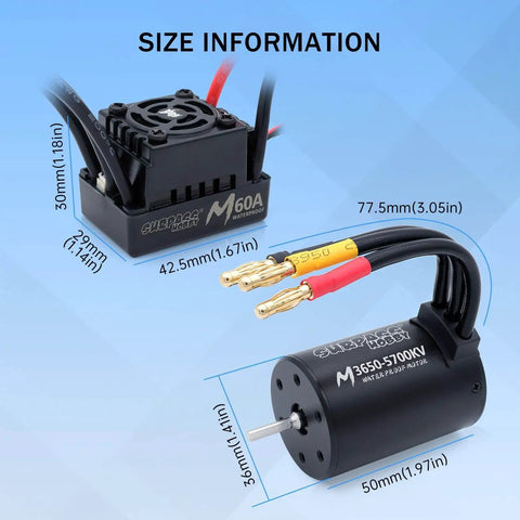 Beefy 1/10 RC Brushless Motor ESC Combo Waterproof 5700KV M3650 Motor with 60A ESC size information diagram