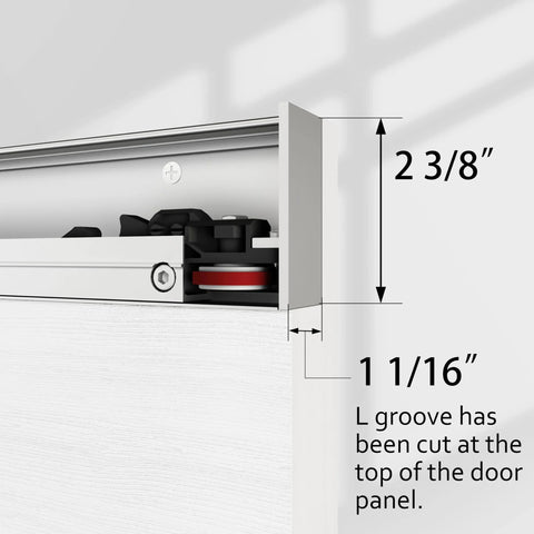 Close-up of 36X84 White Concealed Sliding Barn Door with Hidden Rail showing soft close hardware and groove cut at top of panel.