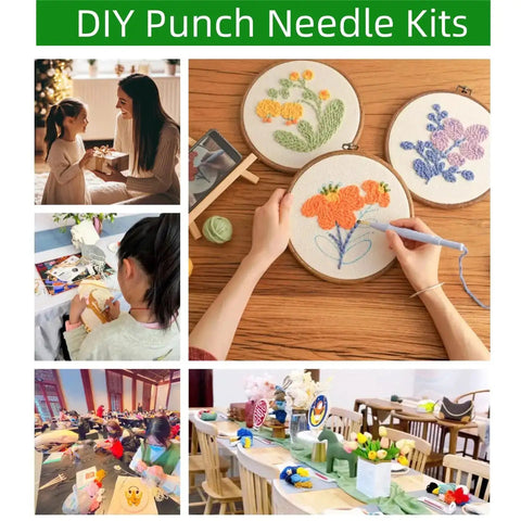 Beginner Punch Needle Kit With 20x20cm Hoop Cute Highland Cow And Daisy Design Complete Embroidery Starter Set displayed in use.