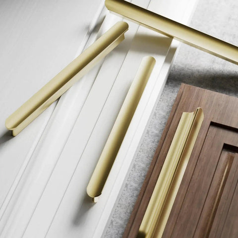 Champagne Bronze Cabinet Pulls 10 Pack 5 Inch Hole Centers 128mm Kitchen Cabinet Handles displayed on various cabinet surfaces