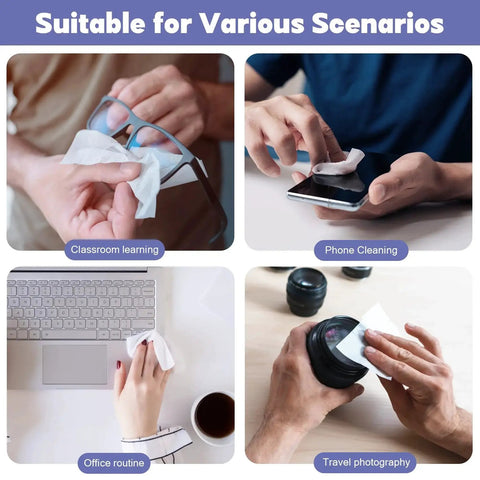 200 Pack Lens Wipes For Glasses And Devices Individually Wrapped used in classroom, phone cleaning, office, and travel photography.