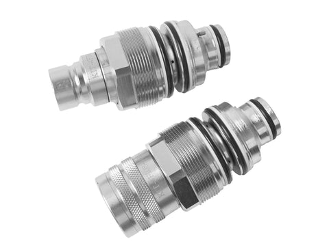 Two silver hydraulic flat-face couplers with 46mm threaded connections (male and female fittings).