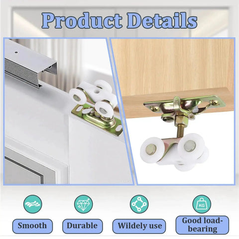 4Pcs Sliding Pocket Door Rollers Assembly with top hanger for bypass and closet doors, shown installed on track and wood surface.