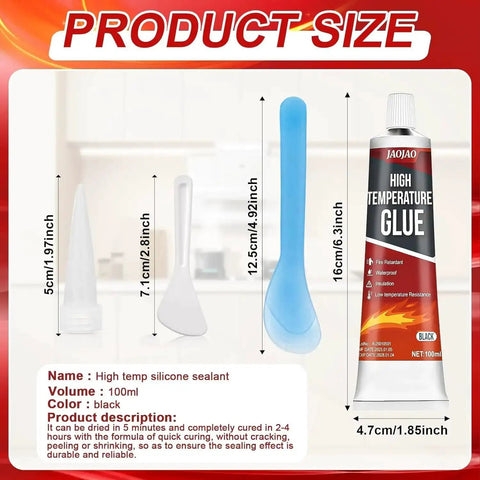 High Temp Silicone Sealant For Ovens And Fireplaces Fast Drying Waterproof Flexible Glue That Will Not Crack Scrapers Included Heat Resistant DIY Friendly For Microwave And Home Use Black, product size details and packaging