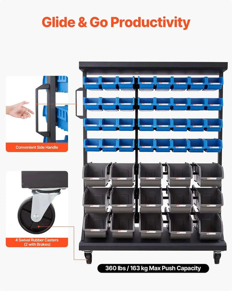 Front view of Seven Tier Double Sided Rolling Bin Storage Rack With Ninety Four Plastic Bins On Wheels Dual Sided Parts Organizer.
