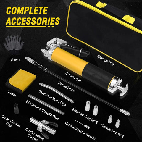 Heavy Duty Grease Gun Kit With 8000 PSI Max, 14 Oz Capacity, 18 Inch Resin Flex Hose, Double Handle Coupler, Accessories By GETLMUL