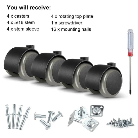 Heavy Duty 2 Inch Caster Wheels Set Of Four with accessories including rotating top plates, screws, and a screwdriver