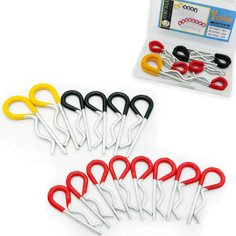 Heavy Duty Hitch Pins R Clips Set 14Pcs Rubber Coated Spring Retaining Pins for Trailer Tractor Mower Cart and Truck Hitches displayed.