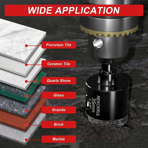 Diamond Hole Saw Set 10 Pieces Serrated Brazing Core Drill Bits For Ceramic Glass Tile Granite And Marble Dry And Wet Dual Use Professional Tile Drilling Kit REKCKRUL demonstration of drilling materials