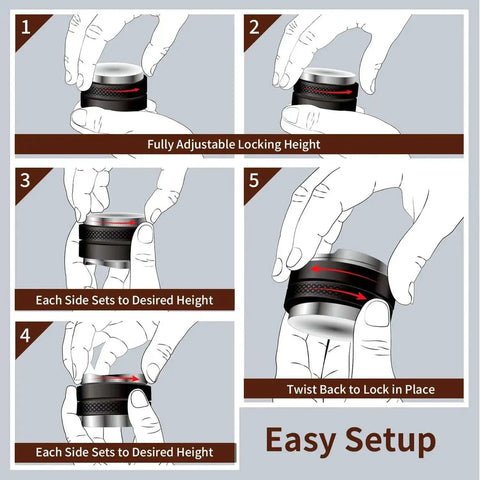 Illustration of Heavy Duty 51mm Espresso Accessories Kit With Dual Head Coffee Distributor and Tamper WDT Tool showing setup guide.
