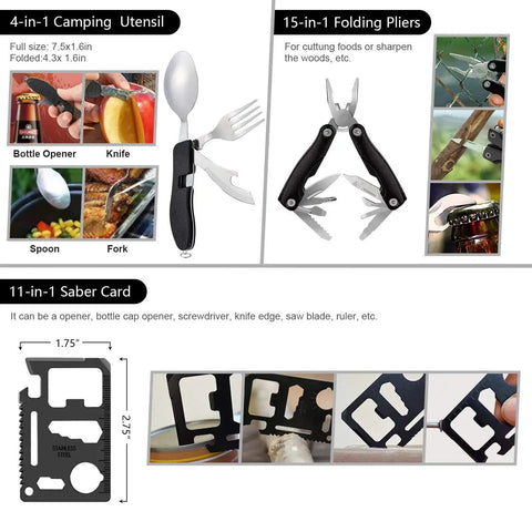 4-in-1 camping utensil, 15-in-1 folding pliers, 11-in-1 saber card from Survival Kit Backpack Prepper Ready