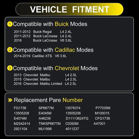 Vehicle fitment chart showing compatibility of Electric Fuel Pump Module Assembly Drop-In Replacement For Chevrolet Malibu 2013 2014 2015 Malibu Limited 2016 Cadillac XTS 2014 2019 Buick Regal 2011 2012 LaCrosse 2011 2012 2016 with Buick, Cadillac, and Chevrolet models.