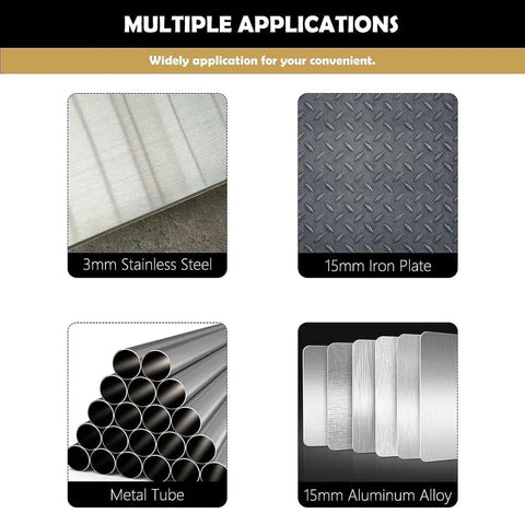 Image showing multiple drill applications for 2 Inch TCT Hole Saw Kit With Tungsten Carbide Teeth And Titanium Plated Pilot Bit including 3mm stainless steel and 15mm iron plate.