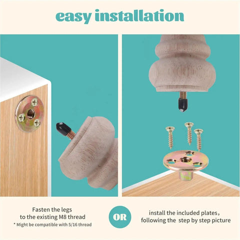 Installation of 2 Inch Wooden Unfinished Bun Feet For Furniture Set Of 4 Pre Drilled M8 Bolts on cabinet with screws