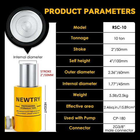 10 Ton Hydraulic Ram Jack With 2 Inch Stroke Porta Power CP180 Hand Pump with product specifications chart