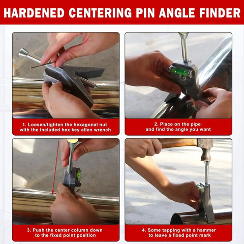Step-by-step usage of Versatile Pipe Center Finder Anblak Pipe Fitting Tool With Centering Head And Dial Bubble Protractor.