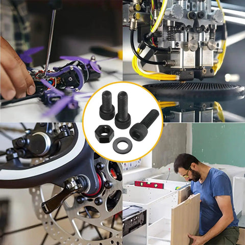 Collage showing use of 765 Piece M3 Screws Bolts Nuts Assortment Kit With Washers in electronics, RC cars, and DIY projects
