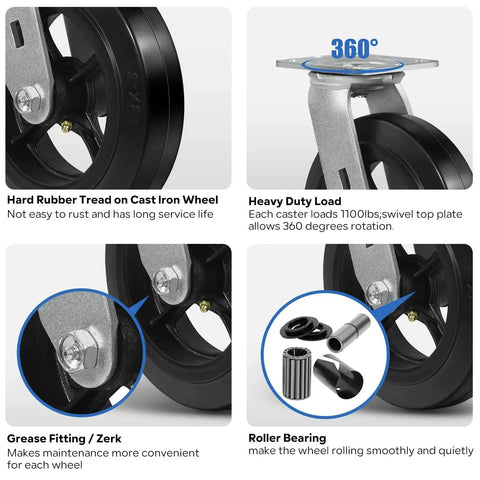Heavy Duty 8 Inch Swivel Caster Wheels Set of 4 With Rubber Tread And Cast Iron Core No Noise Shock Absorbing Non Marking 4400 Lb Capacity Per Caster Ideal For Industrial Carts Trolleys And Equipment with close-up views of rubber tread, top plate, grease fitting, and roller bearing.