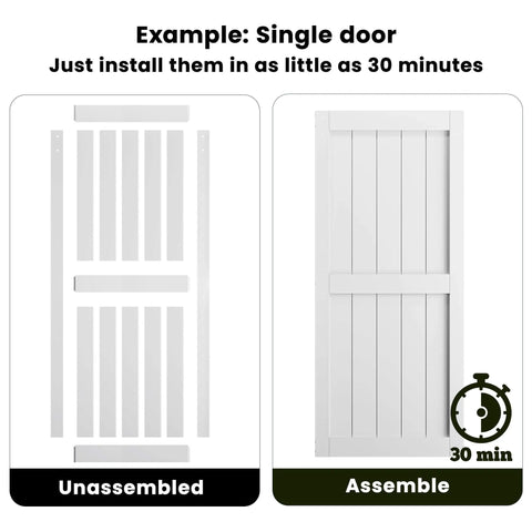 White Double Barn Door Kit With Twelve Foot Sliding Hardware 72 By 84 Inches Paired 36 By 84 Doors Non Bending MDF And PVC Coating Pre Drilled Ready To Assemble H Frame Waterproof Finish Ideal For Living Room Bedroom Bathroom Pantry showing single door in unassembled and assembled states