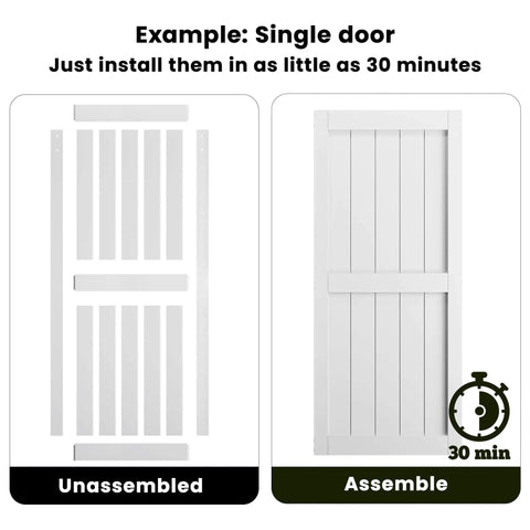 White Barn Door 68 By 84 Inches With Double 34 By 84 Panels Dope Sliding Hardware Kit Twelve Feet Front Mounted Handle Pre Drilled Ready To Assemble Waterproof PVC Coating Heavy Duty H Frame Space Saving Room Divider shown unassembled and assembled.