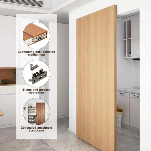 Concealed Sliding Barn Door Hardware Kit With Soft Close For 40 To 44 Inch Passage Opening installed in modern kitchen.