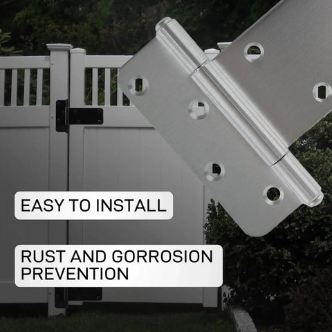 6 Inch Heavy Duty Door Hinges Set With 280 Lbs Capacity, shown on a gate, highlighting rust prevention