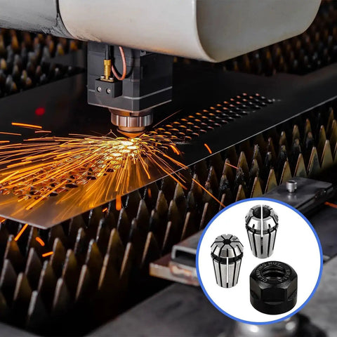 CNC milling machine with Nine Piece ER11 Spring Collet Nut Set With M14 Thread, showcasing high precision clamping nuts and collets.
