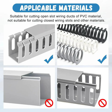 Open Slot Wire Duct Cutter Tool For PVC Trunking Slotted Ducts And Covers applicable materials image with examples.