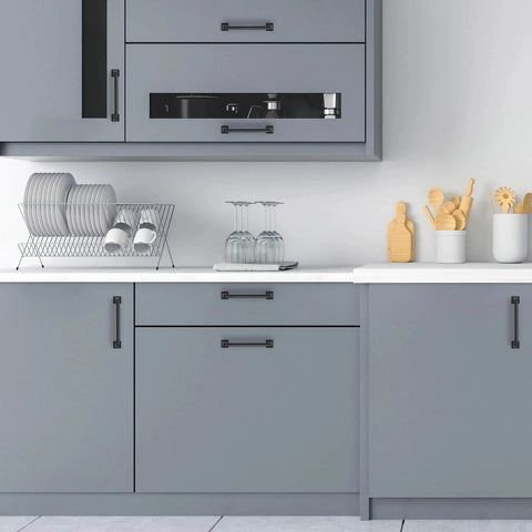 30 Pack 5 Inch Center Black Matte Cabinet Pulls Arch Style Drawer Handles on grey kitchen cabinets