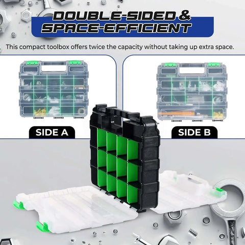Two Pack 34 Compartment Double Sided Parts Organizer Case All In One For Hardware Screws Bolts Nails Nuts Beads Jewelry Craft Supplies And Fishing Gear Durable Plastic Storage Box Green
